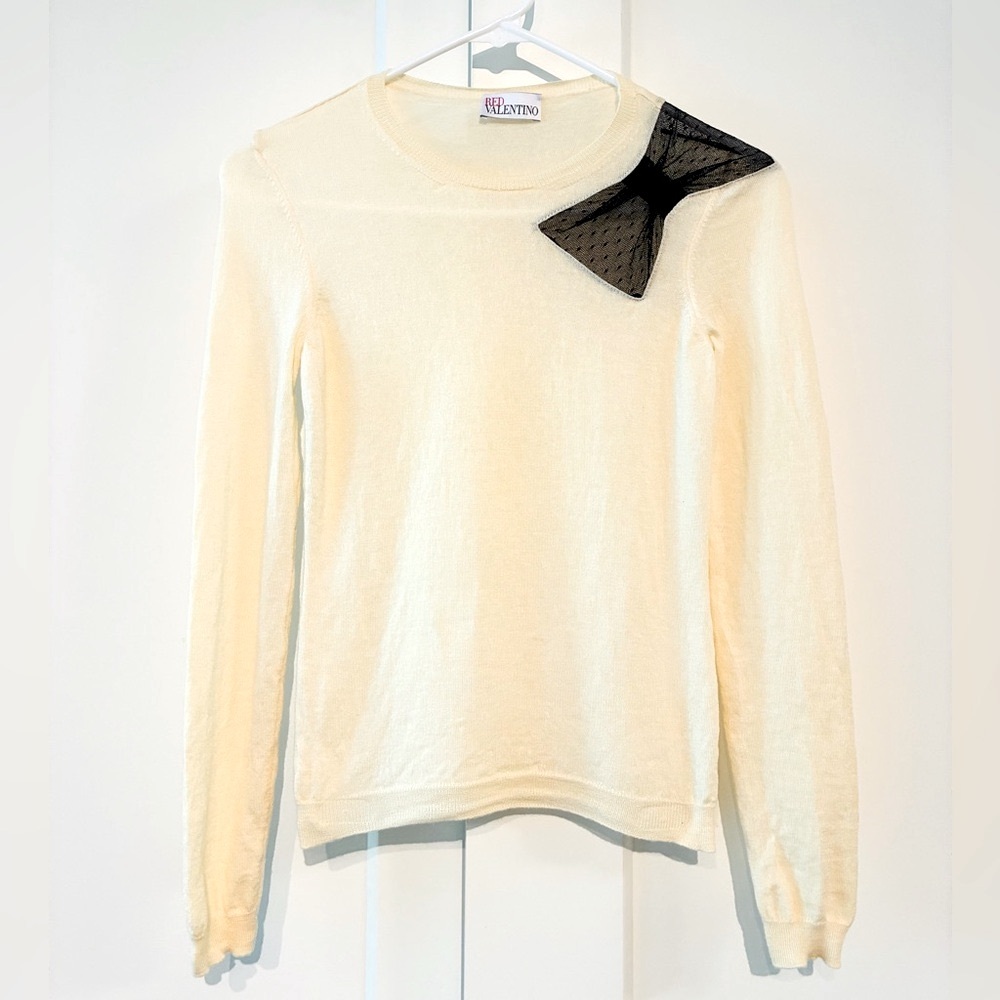 REDValentino Girl 5Y Cream Sweater with Black Bow Accent
